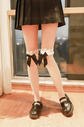 Girls Sexy Black Bowknot Lolita Over Knee White Stocking
